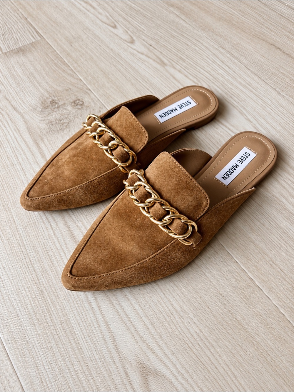 Steve Madden Faine Tan Suede Pointed-Toe Mules with Gold Chain